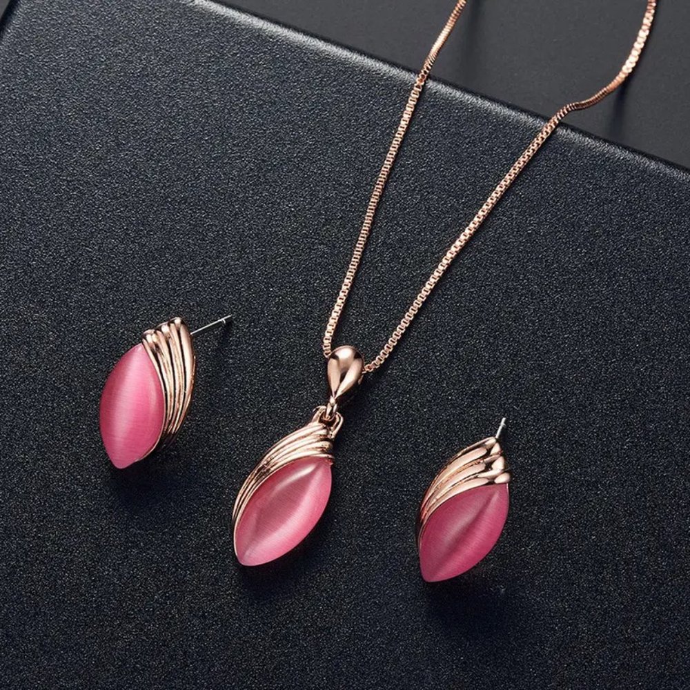 Oval Pendant Necklace & Stud Earrings Rose Gold with Pink Stones